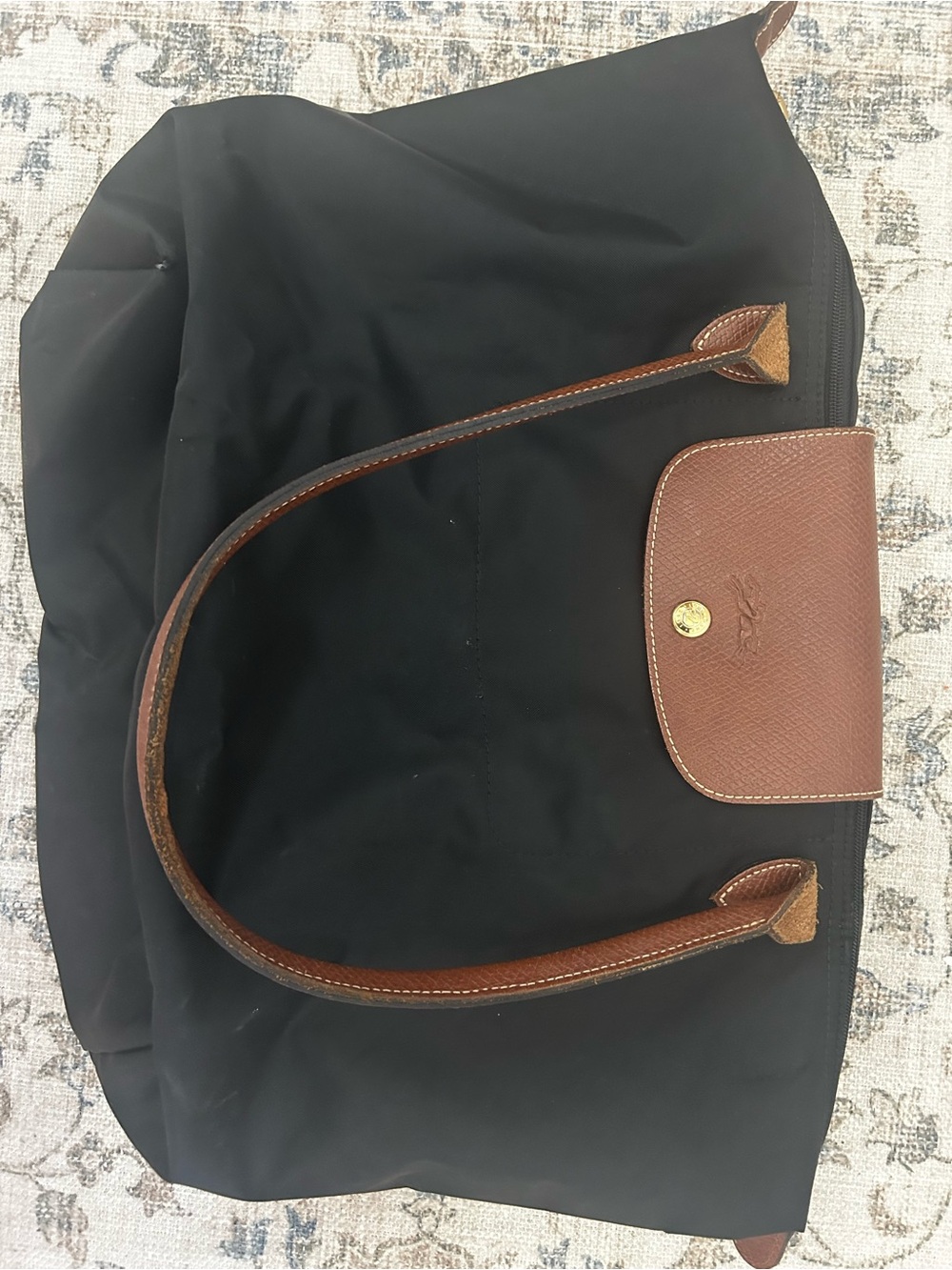 Longchamp Black Tote with Brown Leather Trim
